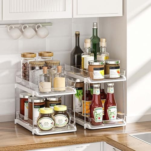 Delamu 2-Tier Multi-Purpose Bathroom Under Sink Organizers and Storage, Stackable Kitchen Pantry Organization, Pull Out Medicine Cabinet Organizer with Movable Dividers, White, 2 Pack thumbnail 7