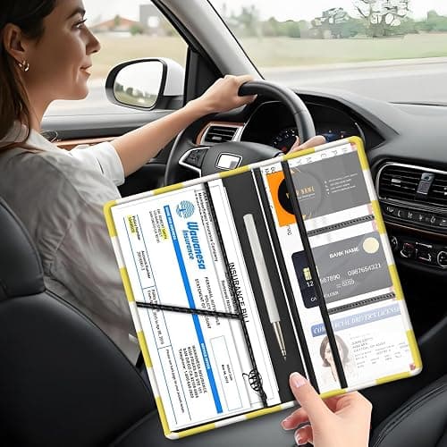 FGHFGO Car Registration and Insurance Holder with Magnetic Shut, Cute Vehicle Glove Box Car Organizer, Premium Interior Car Accessories for Women Men Yellow White Plaid thumbnail 5
