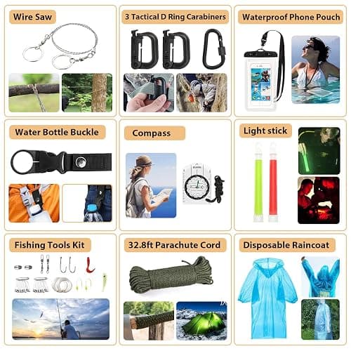 Survival Kit, 250Pcs Survival Gear First Aid Kit with Molle System Compatible Bag and Emergency Tent, Emergency Kit for Earthquake, Outdoor Adventure, Hiking, Hunting, Gifts for Men Women thumbnail 6