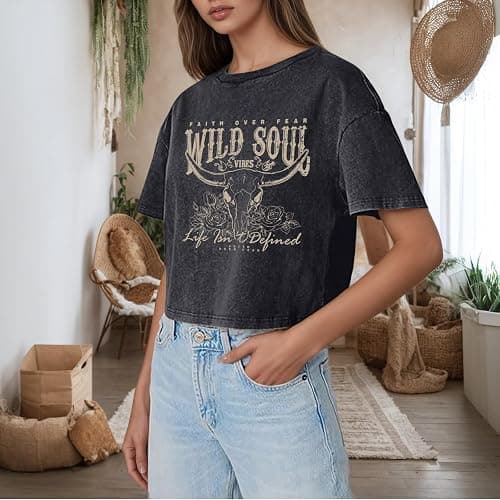 Deyaidy Western Cowgirl Cropped Shirts for Women Faith Over Fear Country Shirt Wild Soul Vintage Graphic Tee Acid Wash Tshirt thumbnail 2