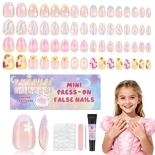 Qiek 16 Sizes 128 Pieces Press on Nails for Kids, 4 pack Kids Nail Kit Colorful Flower Almond Fake Nail Tips for Girls 8-12 Years Old with Jelly Nail Adhesives & Nail Glue Birthday Christmas Gifts - Image 1