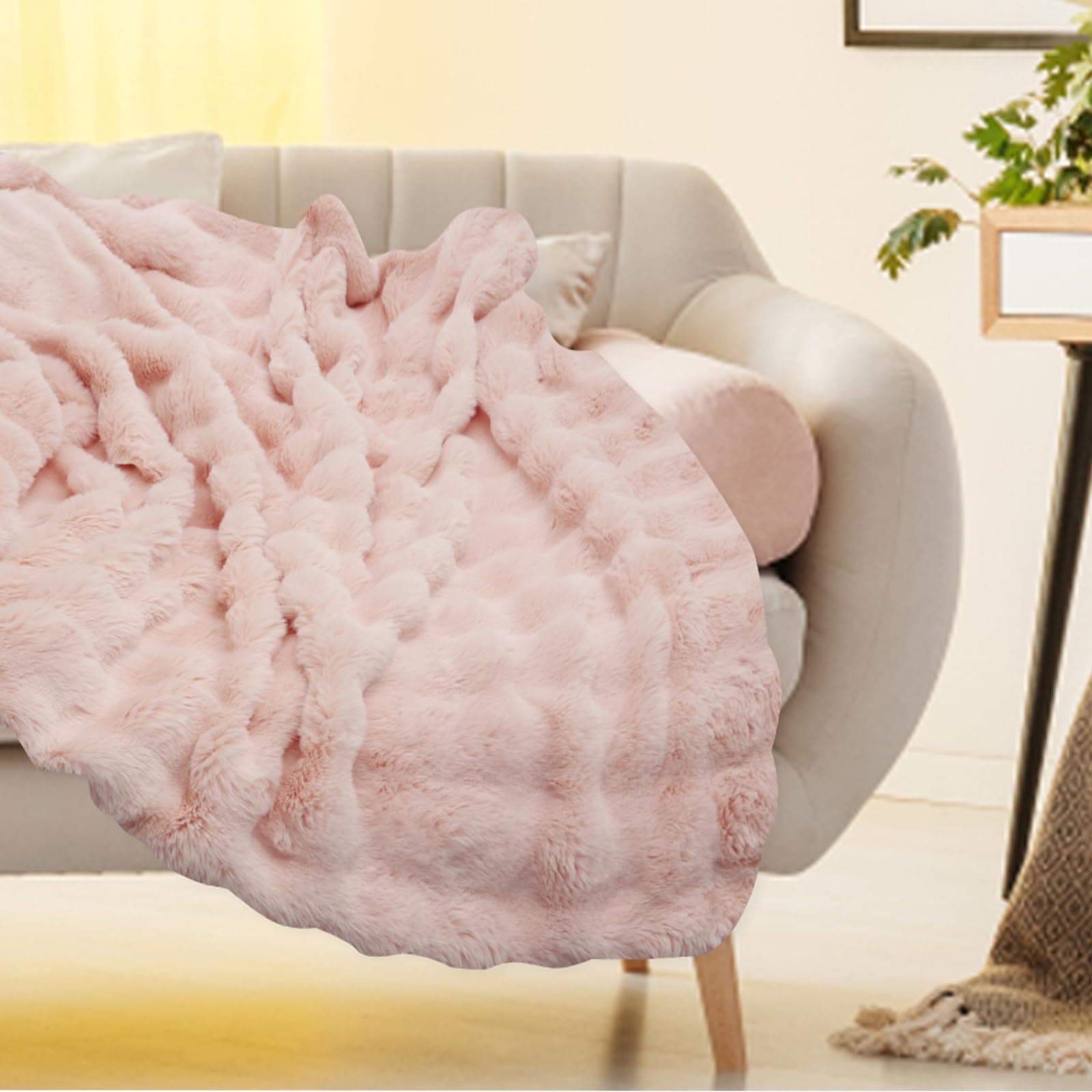 Super Comfort Oversized Warm Thick Bubble Plush Rabbit Faux Fur Throw Blanket, Luxury Plush Throw Blanket, 51×63in Soft Cozy Blanket, Warm Bed Throws for Couch Chair Bed Sofa (Cherry Blossom Pink) thumbnail 6