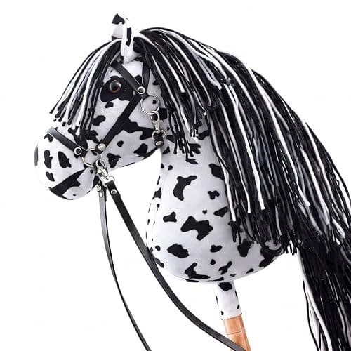 Teyva Daily Large Hobby Horse, Realistic Head, Long Flowing Mane, Removable Leather Reins, Solid Wooden Stick for Equestrian Training & Competition, Screen-Free Fun for Active Kids(Black and White) - Image 1