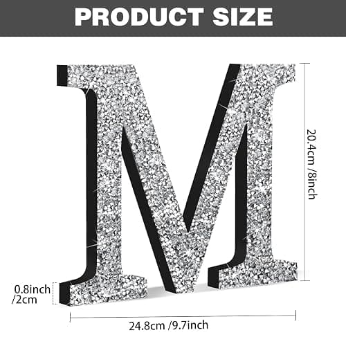 Qunclay Silver Crystal Diamond Bling Letters Crushed Diamond Decorations Wooden Glitter Letters with Screw and Hooks Rhinestone Gifts for Christmas Wedding Bedroom Wall Decor (8''l X 8''w,Letter M) thumbnail 3