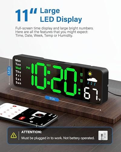 Digital Wall Clock, Digital Clock Large Display with Remote Control, Corded LED Alarm Clocks with Date, Week, Temp, Humidity, Auto DST, Countdown, for Living Room Bedroom Classroom Office (Green) thumbnail 2