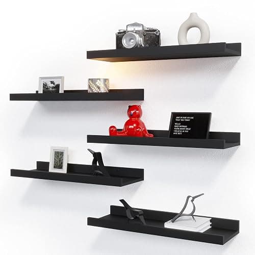 RICHER HOUSE 5 Set Floating Wall Mounted Shelves, Black Shelves for Wall Decor, Modern Picture Ledge Shelf with Lip for Storage, Nursery, Bedroom, Living Room, Bathroom - Black - Image 1
