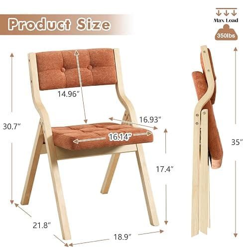 choairy 4-Pack Folding Dining Chairs with Cushion,Padded Foldable Dining Chairs,Portable Wooden Folding Chairs with Tufted Buttons Seat for Dining Rooms Kitchen Wedding and Party Indoor Orange thumbnail 3