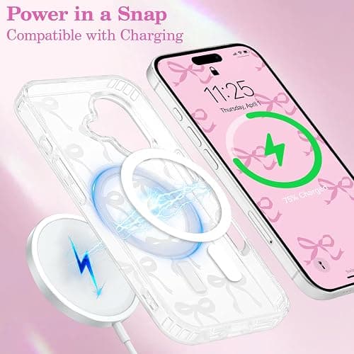 UEEBAI Magnetic for iPhone 16 Case, Bow Case Compatible with MagSafe, Wireless Slim Clear Ribbon Aesthetic Phone Cover Anti-Yellowing Shockproof Protective Cover for Women Girl - White thumbnail 4