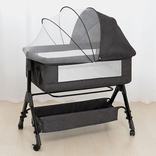 Baby Bassinet, Bedside Bassinet for Baby, 3 in 1 Bassinet Bedside Sleeper with Wheels, Mosquito Net, Adjustable Easy Folding Portable Bed for Infant Newborn (Dark Grey) thumbnail 7