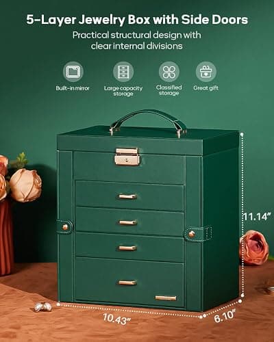 Homde Synthetic Leather Huge Jewelry Box Mirrored Watch Organizer Necklace Ring Earring Storage Lockable Gift Case (Forest Green + Gold) thumbnail 3