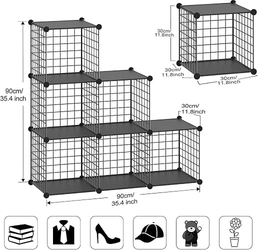 TUMUCUTE Wire Cube Storage Organizer, Metal Storage Shelves Bookshelf, Stackable Modular Closet Organizer for Bedroom Living Room, Office,Storage Shelves（6-Cube，Black） thumbnail 3