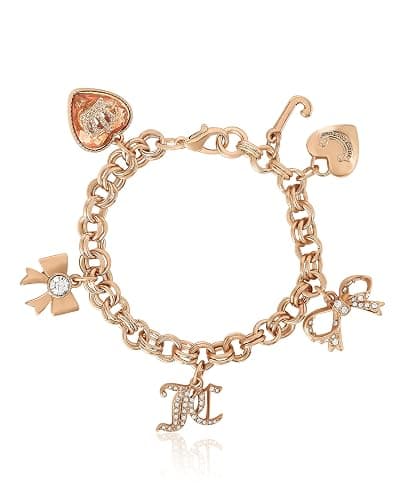 Juicy Couture Bracelet 7-7.5", Goldtone Charm Bracelets for Women with 6 Different Charms Featuring Clear Stones - Image 1