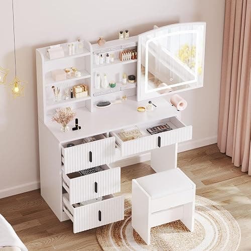 YITAHOME Fluted Vanity Desk with Mirror and Light, Big Vanity Set with Power Outlet, Hidden Jewelry Storage, Makeup Desk with 4 Drawers, Dressing Table with Soft Stool, 3 Lighting Color Modes, White - Image 1
