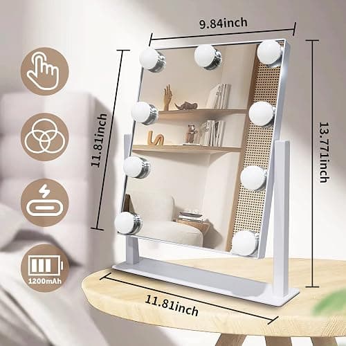 SLIMOON Hollywood Vanity Mirror with Lights, 9 Dimmable LED Bulbs Lighted Makeup Mirror with Detachable 10X Magnification Mirror, 1200mAh Rechargeable, 3 Color Lights, Gifts for Women Mom Teen Girls thumbnail 2