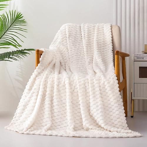 Exclusivo Mezcla Extra Large Fleece Throw Blanket for Couch, 50x70 Inches Stylish Jacquard Soft Throw Blanket, Fuzzy Cozy Lightweight for Winter, Ivory thumbnail 3