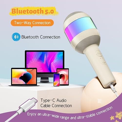 Wireless Karaoke Machine Portable Bluetooth Microphone with LED Light | Best Chritmas Birthday Festival Party Gift for Adults 3 4 5 6 7 8 9 10 11 12+ Year Old Girls Boys Kids (Beige) thumbnail 6