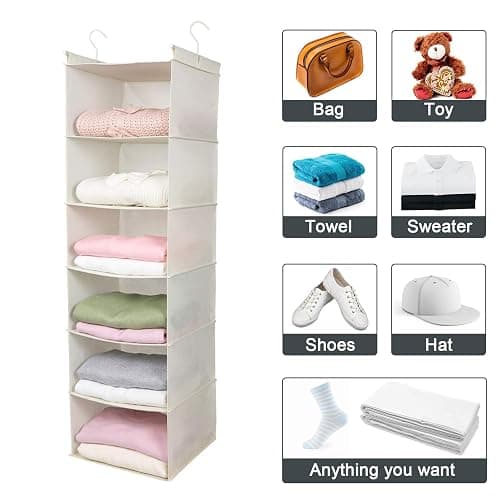 MAX Houser 6 Tier Shelf Hanging Closet Organizer, Cloth Hanging Shelf with 2 Sturdy Hooks for Storage, Foldable (Beige) - Beige thumbnail 8