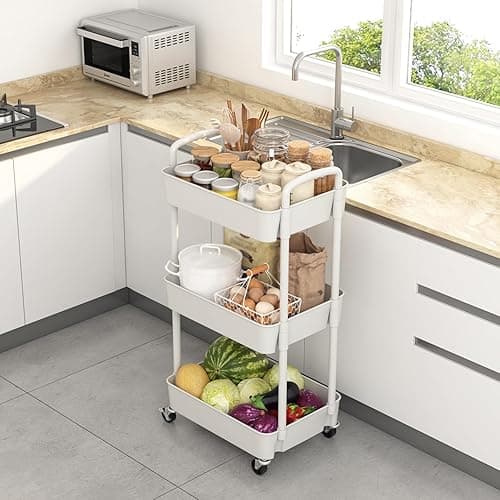 Sywhitta 3-Tier Plastic Rolling Utility Cart with Handle, Multi-Functional Storage Trolley for Office, Living Room, Kitchen, Movable Storage Organizer with Wheels, White thumbnail 5