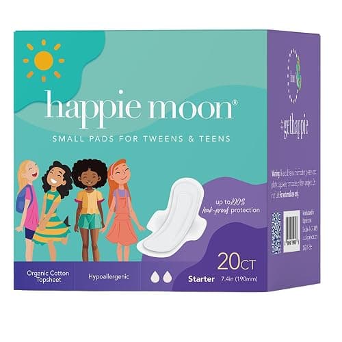 Happie Moon Organic Cotton Cover Tween & Teen Period Pads | Ultra Thin Pads with Wings | Chlorine-Free & Fragrance-Free | Starter Size, 20 Count - Image 1