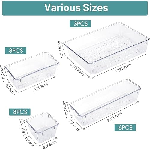 WOWBOX 25 PCS Clear Plastic Drawer Organizer Set, 4 Sizes Desk Drawer Divider Organizers and Storage Bins for Makeup, Jewelry, Gadgets for Kitchen, Bedroom, Bathroom, Office thumbnail 3