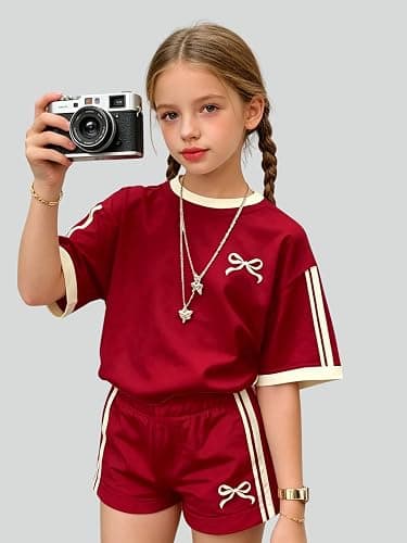 KIDLAGA Girls Shorts Sets 2 Pieces Outfits Bow/Cherry T-Shirt & Plaid Shorts Girls Summer Short Set 6-14Y thumbnail 2