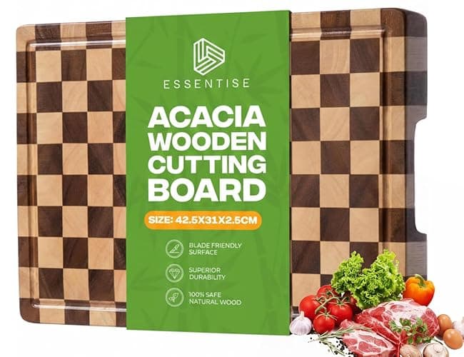 Large Wood Cutting Board-"16.5x11.6”100% Organic Acacia Wood Cutting Board, Checkered Wooden Cutting Board for Kitchen, End Grain Butcher Block with Deep Juice Groove, Built-In Handle & Non-Slip Pads thumbnail 9