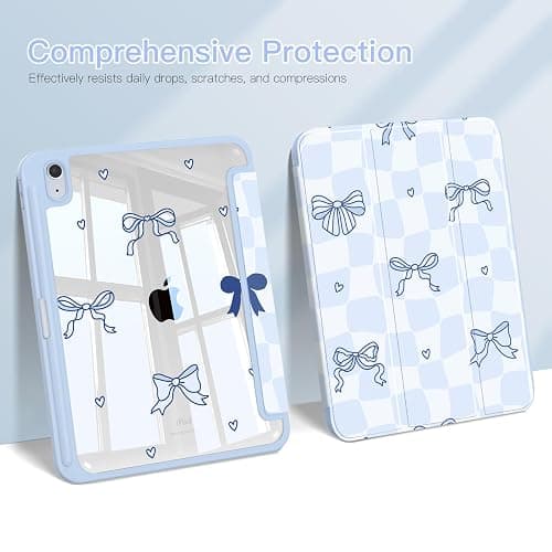 Teryeefi for iPad (A16) 11th Generation Case 2025 Release& iPad 10th 2022 | Protective Shell with Pencil Holder, Soft TPU+Crystal Hard Back Cover , Auto Sleep Stand, Cute Girly Blue Case (Grid Bows) thumbnail 5