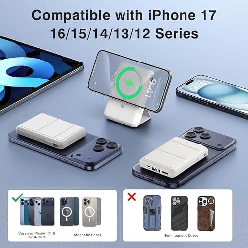 Azmuth for Magsafe Power Bank, 10000mAh Magnetic Battery Pack 20W | Portable Charger 20W PD Fast Charging with USB-C Cables, LED Display with Stand for iPhone 17/16/15/14/13/12 Series (White) thumbnail 3