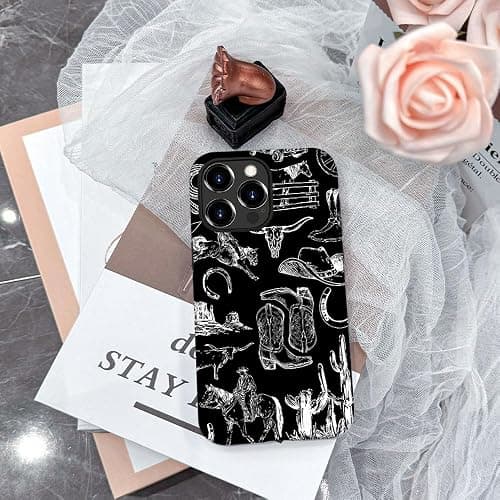 Compatible with iPhone 16 Pro Max,Anti-Scratch Frosted Case Cover,Western Collage Cowboy Black thumbnail 7