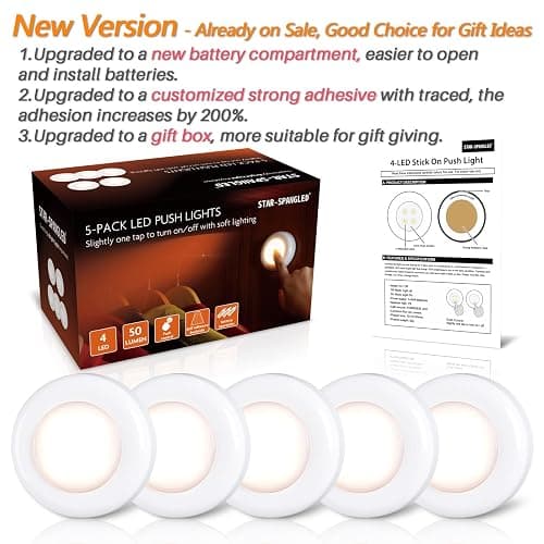 STAR-SPANGLED Push Tap Light, 2.8” Mini Night Touch LED Puck Lamp, Portable Under Cabinet Lighting AAA Battery Operated Powered, DIY Stick On Lights for Closet, Counter, Kitchen, Warm White, 5 Pack thumbnail 6