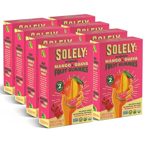 SOLELY - Organic Mango & Guava Whole Fruit Gummies (Pack of 8 Boxes, 5 Bags per Box) - Real Fresh Fruit - Healthy Snacks for Adults & Kids - Non GMO, Vegan Snacks, Shelf Stable - 40 Bags (3.5 oz) - Image 1