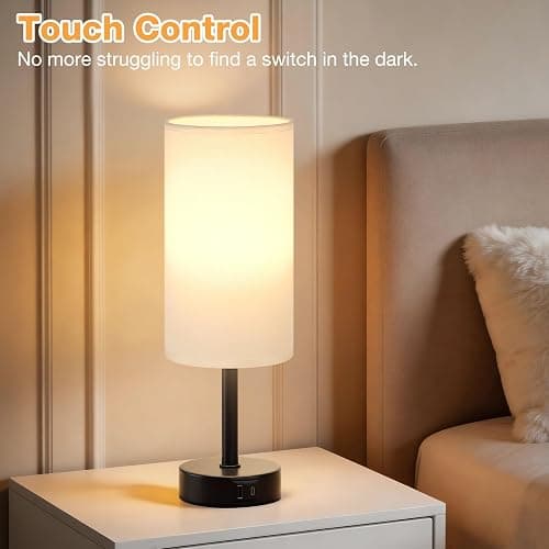 PreeOtti Bedside Lamps Set of 2, Dimmable White Bed Side Lamp with 2 USB Charging Ports, Black Base (Bulbs Included) thumbnail 6