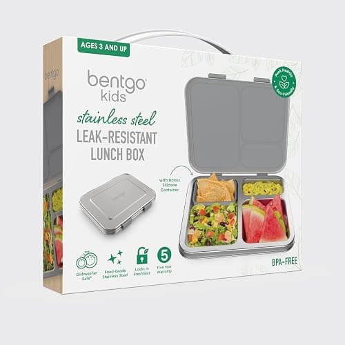Bentgo Kids Stainless Steel Leak-Resistant Lunch Box, 3 Compartments | Bonus Silicone Container, PFAS & BPA-Free, Odor-Resistant, Dishwasher Safe, Ages 3+ (Silver) thumbnail 9