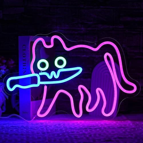 LULANMP Cautiously Cat Neon Sign for Wall Decor Knife Neon Light Adorable LED Neon Sign for Bedroom Zoo Cat Cafe Cat House Store Restaurant Home Kitchen Men Cave Home Bar Decoration(16.9"*12.4") - pink cat - Image 1