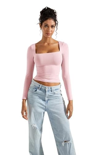 SUUKSESS Women Square Neck Long Sleeve Tops Double Lined Going Out T Shirts thumbnail 4