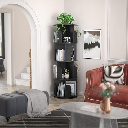 Aheaplus Rotating Bookshelf, 360 Revolving Bookshelf Tower for Small Space, 4 Tier Floor Standing Bookcase Storage Rack, Wood Narrow Book Shelf Organizer for Bedroom, Living Room, Study Room, Black thumbnail 2