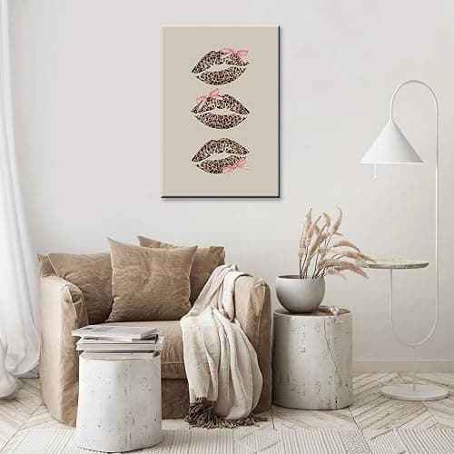Trendy Leopard Kiss Lips Canvas Wall Art Coquette Pink Bow Poster Vintage Cheetah Aesthetics Prints Paintings Cute Girls Room Wall Decor For Dorm Apartment Bedroom Bathroom 12x16in Wrapped Canvas thumbnail 6