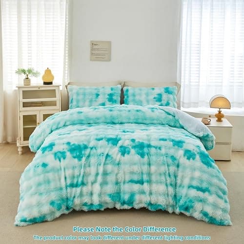 SUCSES Fluffy Comforter Cover Set Queen Size 3 Pieces Tie Dye Faux Fur Duvet Cover Set Warm Soft Luxury Velvet Girls Bedding Sets for Boys Room Decor(Tie Dye Aqua, Queen) thumbnail 8