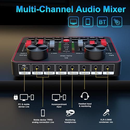 Podcast Microphone Bundle with Live Sound Card Audio Mixer, Podcast Equipment Bundle with Two 3.5mm Condenser Microphones for Pc/Phone Live Streaming Singing Gaming, Voice Changer, Denoise - G1+2*MIC thumbnail 7