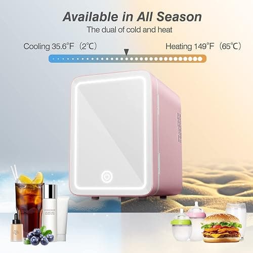Easy-Take Skincare Fridge - Mini Fridge with Dimmable LED Mirror (4 Liter/6 Can), Cooler and Warmer, for Skincare and Food, Mini Fridge for Bedroom, Office and Car, Pink - Pink thumbnail 3