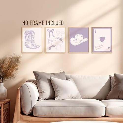BRRNYOI Purple Coquette Western Wall Art Posters Set of 4, Cowgirl Room Decor, Preppy Bow Cowgirl Boots Hat Poker Canvas Prints Wall Decor for Girls Bedroom Dorm Apartment, 8x10 Unframed thumbnail 5