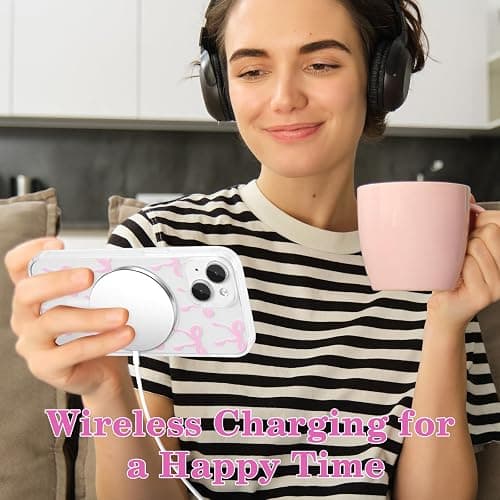 UEEBAI Magnetic for iPhone 15 Plus Case & iPhone 14 Plus Case, Bow Case Compatible with MagSafe, Wireless Slim Clear Ribbon Phone Cover Anti-Yellowing Shockproof Protective Cover for Women Girl- Pink | Magnetic thumbnail 7