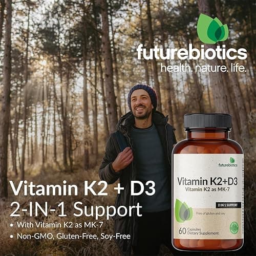 Futurebiotics Vitamin K2 (MK7) with D3 Supplement - Non-GMO Formula - 5000 IU Vitamin D3 & 90 mcg Vitamin K2 MK-7, 60 Vegetarian Capsules thumbnail 3