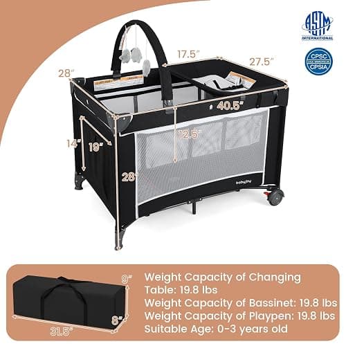 BABY JOY 3 in 1 Pack and Play, Travel Baby Crib Bassinet Bed with Bassinet, Changing Table with Safety Belt, Toy Bar, Lockable Wheels, Portable Baby Playard from Newborn to Toddler thumbnail 3