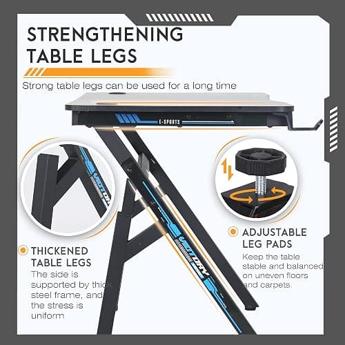 BestOffice | 47" Gaming Desk | Blue | Carbon Fiber Textured Computer Desk | Sturdy Steel Frame, Cup Holder, Headphone Hook, Cable Management Holes, Adjustable Leg Pads | for Gamers, Home, Office thumbnail 7