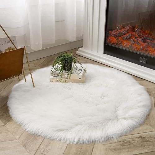 Latepis White Round Rug 3ft Faux Sheepskin Fur Fluffy Circle Rugs for Living Room Washable Rug for Bedroom Teen Room Dorm Cute Room Rug thumbnail 2