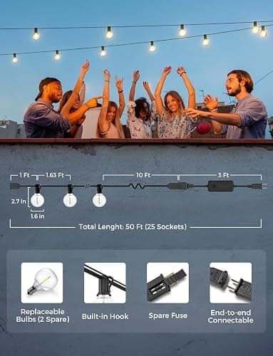 XMCOSY+ Patio Lights, Smart 50Ft Outdoor String Lights with 25 Dimmable G40 Globe Bulbs, APP Control, Work with Alexa, Connectable Waterproof LED Outdoor Light thumbnail 6