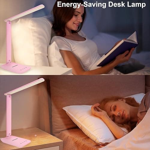 White crown LED Desk Lamp Dimmable Table Lamp Reading Lamp with USB Charging Port, 5 Lighting Modes, Sensitive Control, 30/60 Minutes Timer (Pink, First-Generation) thumbnail 4
