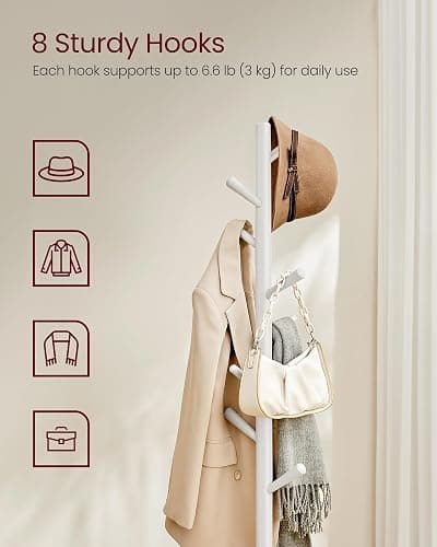 VASAGLE Coat Rack, Wooden Clothes Rack, Freestanding Stand with 8 Hooks, 3 Heights, for Coats, Hats, Bags, Entrance Porch, Hallway, in Rubber Wood, Cloud White RCR010W02 thumbnail 4