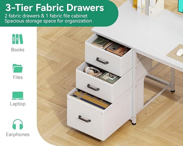 AODK 51 Inch Computer Desk with File Drawers & USB Power Outlets - Reversible Home Office Desk with Storage Shelves, Work from Home, Modern Work/Writing/Study Table for Bedroom, White thumbnail 4